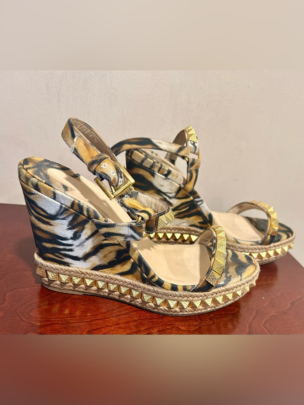 Christian Louboutin Pyraclou Gold Studded Animal Print Wedge Sandals